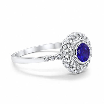 Halo Engagement Ring Bezel Round Simulated Blue Sapphire CZ 925 Sterling Silver